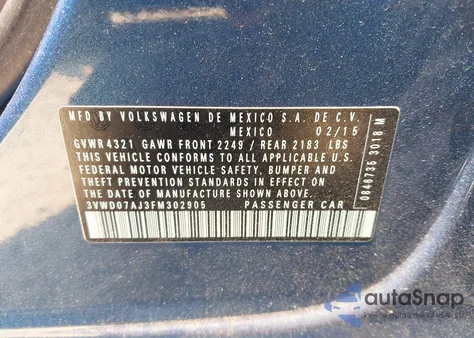 2015 Volkswagen Jetta 1.8T Se z USA, uszkodzony, nr VIN 3VWD07AJ3FM302905